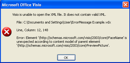 An example of an error message that could be displayed when Visio attempts to load a DatadiagramML file.