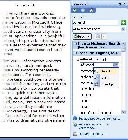 Word document with Research task pane showing results from a search
