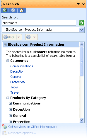 The results of a keyword search (no results found) query in the Research task pane