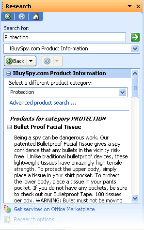 The results of a Products by Category query in the Research task pane