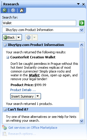 The results of a keyword search (results found) query in the Research task pane