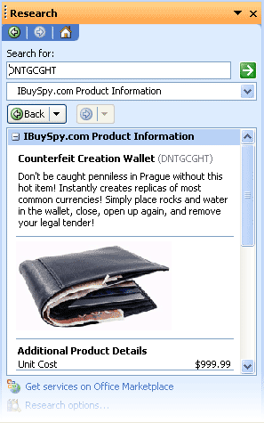 The results of a Product Details query in the Research task pane