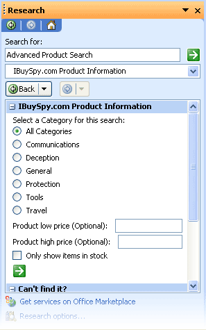 The results of displaying the Advanced Product Search form in the Research task pane