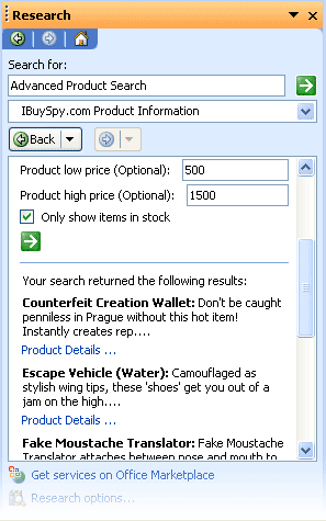 The results of an Advanced Product Search query in the Research task pane